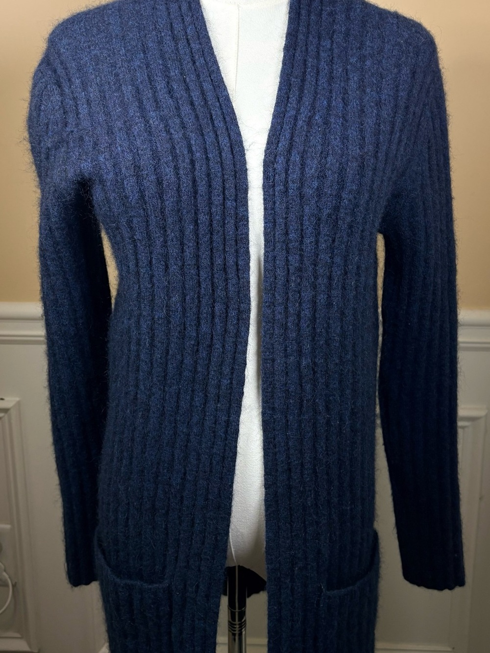 💙 Club Monaco XS Navy Ribbed Longline Open Cardigan Sweater Pockets